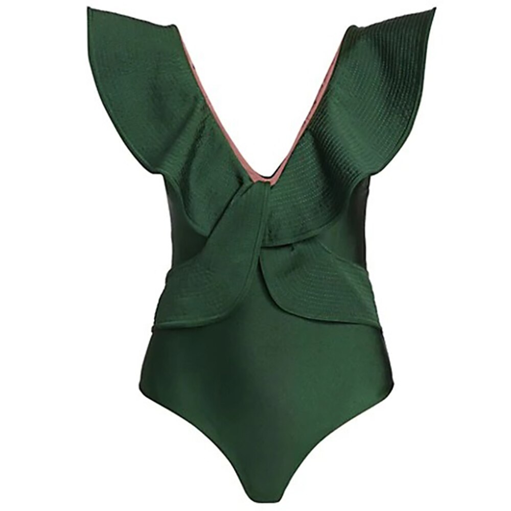 V-Neck-Solid-Ruffle-One-Piece-Swimsuit-Single-Piece-Micro-Monokini-Sexy-Dark-Green-Olive-Vintage-1