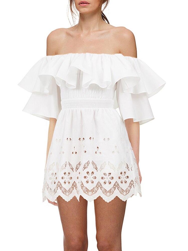 VGH-Elegant-White-Mini-Dress-For-Women-Slash-Neck-Short-Sleeve-High-Waist-Patchwork-Ruffle-Dresses-1