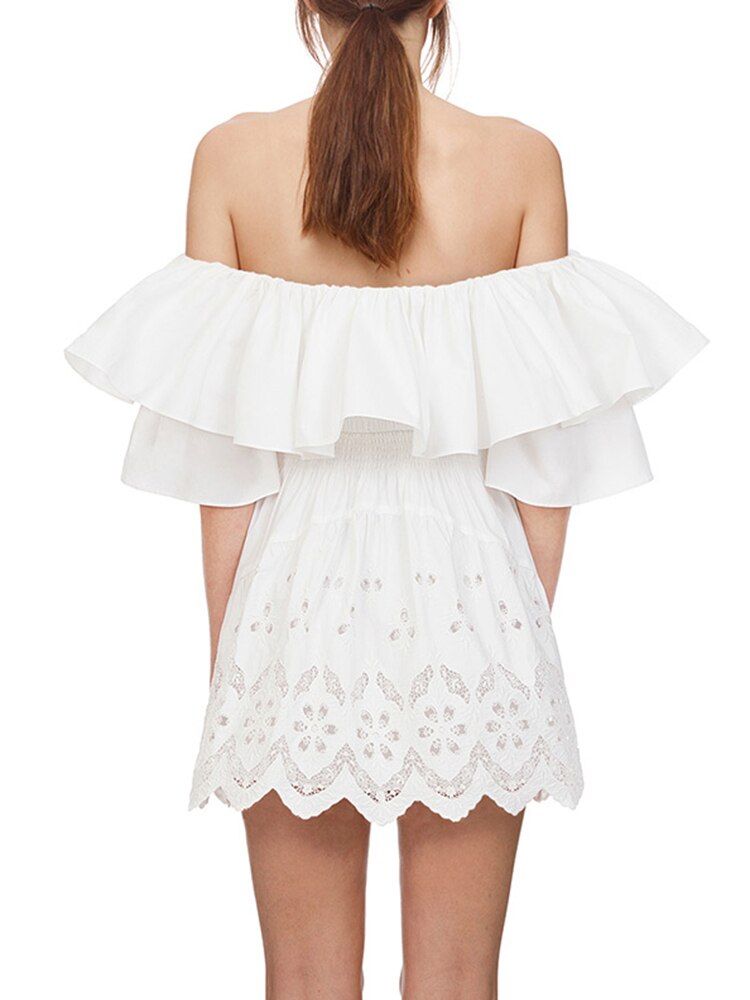 VGH-Elegant-White-Mini-Dress-For-Women-Slash-Neck-Short-Sleeve-High-Waist-Patchwork-Ruffle-Dresses-2