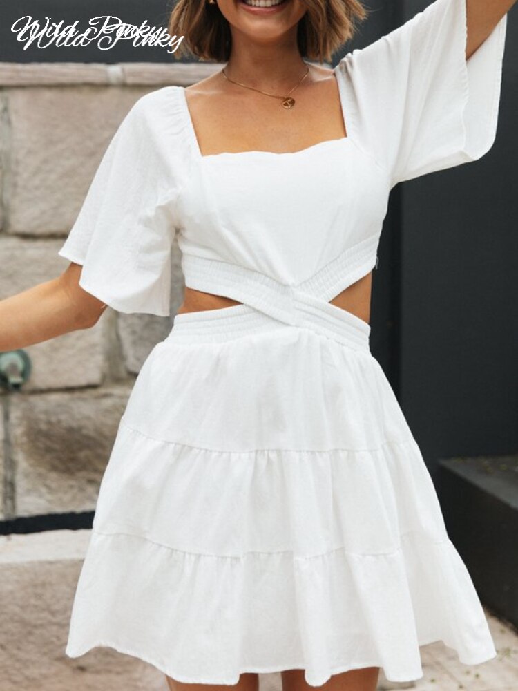 WildPinky-New-Elegant-White-A-line-Hollow-Out-Women-Dress-Summer-Holiday-Square-Collar-Short-Sleeve-1