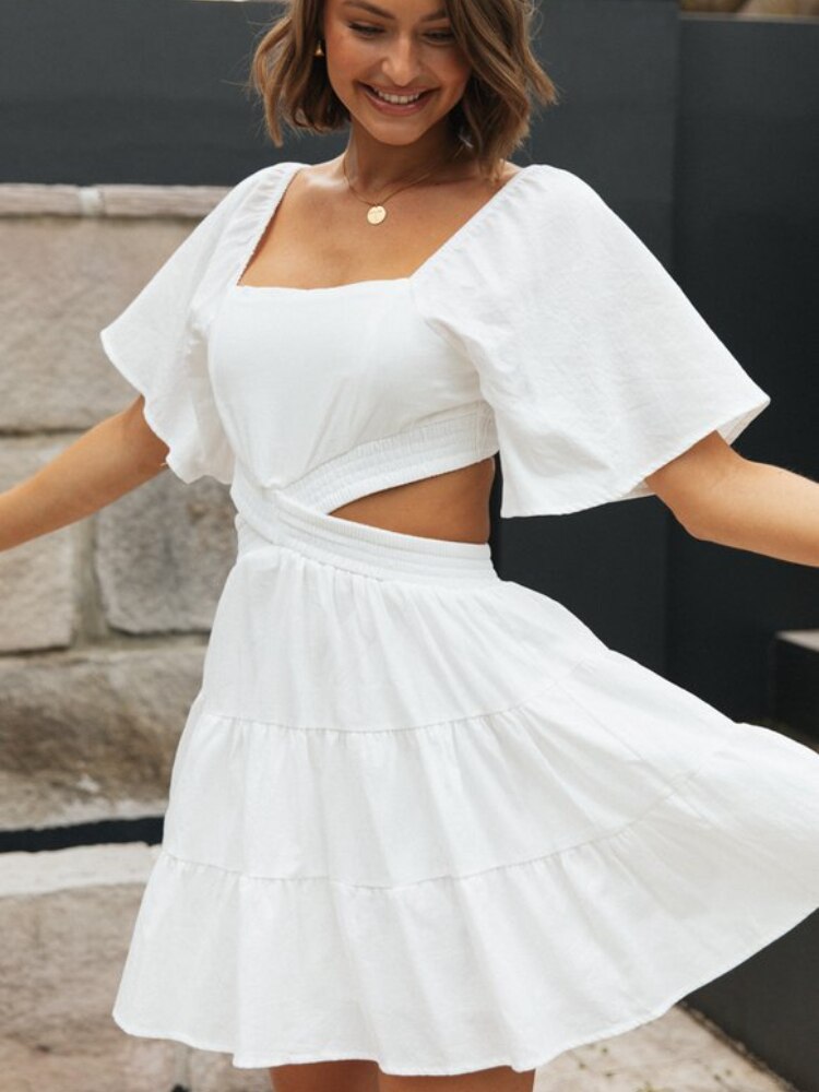 WildPinky-New-Elegant-White-A-line-Hollow-Out-Women-Dress-Summer-Holiday-Square-Collar-Short-Sleeve-4