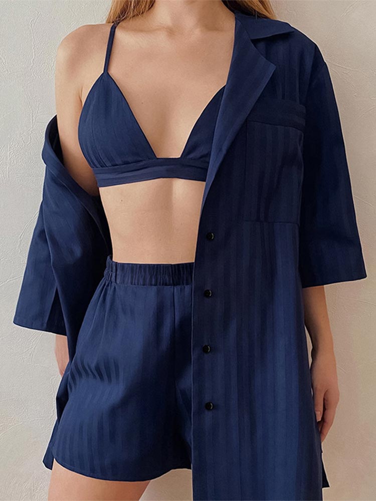 Women-Casual-Satin-Stripe-Shirt-3-Pieces-Set-Loose-Shirts-Sexy-V-Neck-Underwears-And-Mini-3