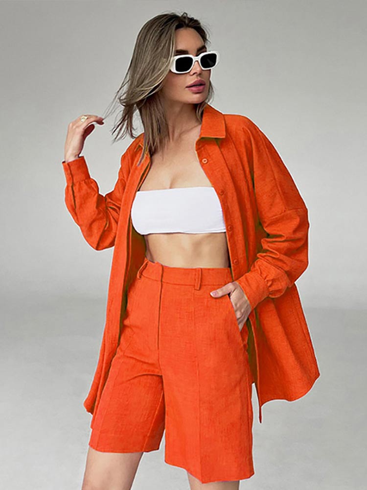 Women-Casual-Short-Suits-Activewear-Lapel-Long-Sleeve-Shirts-And-High-Waist-Shorts-Two-Piece-Set-5