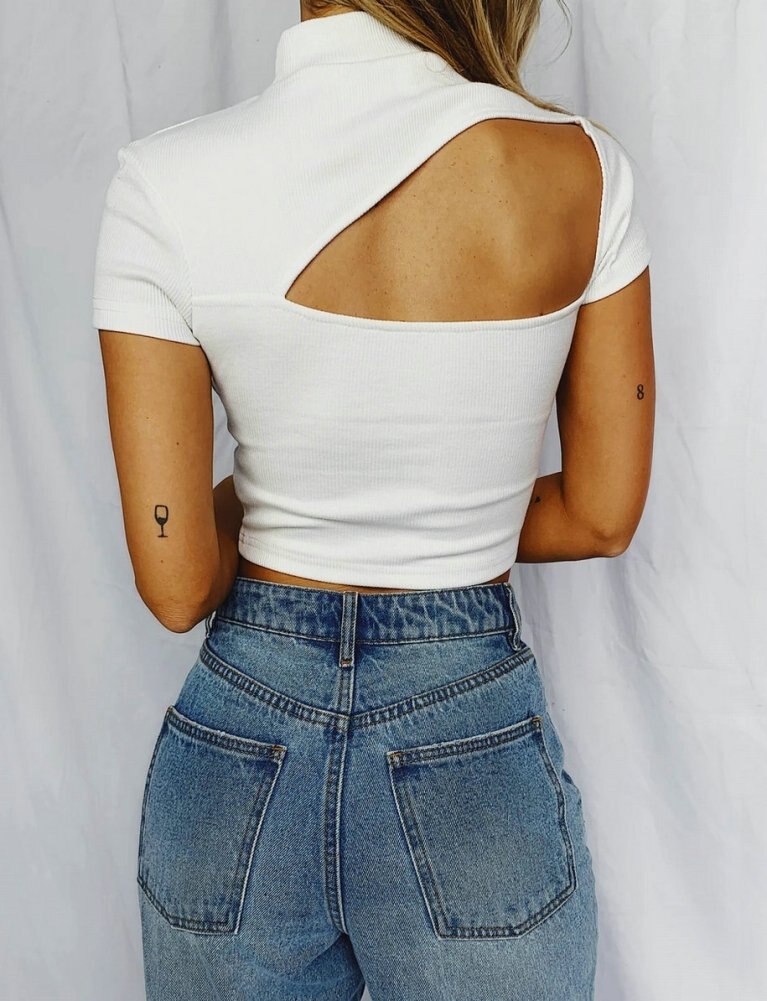 Women-Cut-Out-Crop-Tops-Sexy-Mock-Neck-Short-Sleeve-Solid-Slim-Fit-Knit-T-Shirt-1