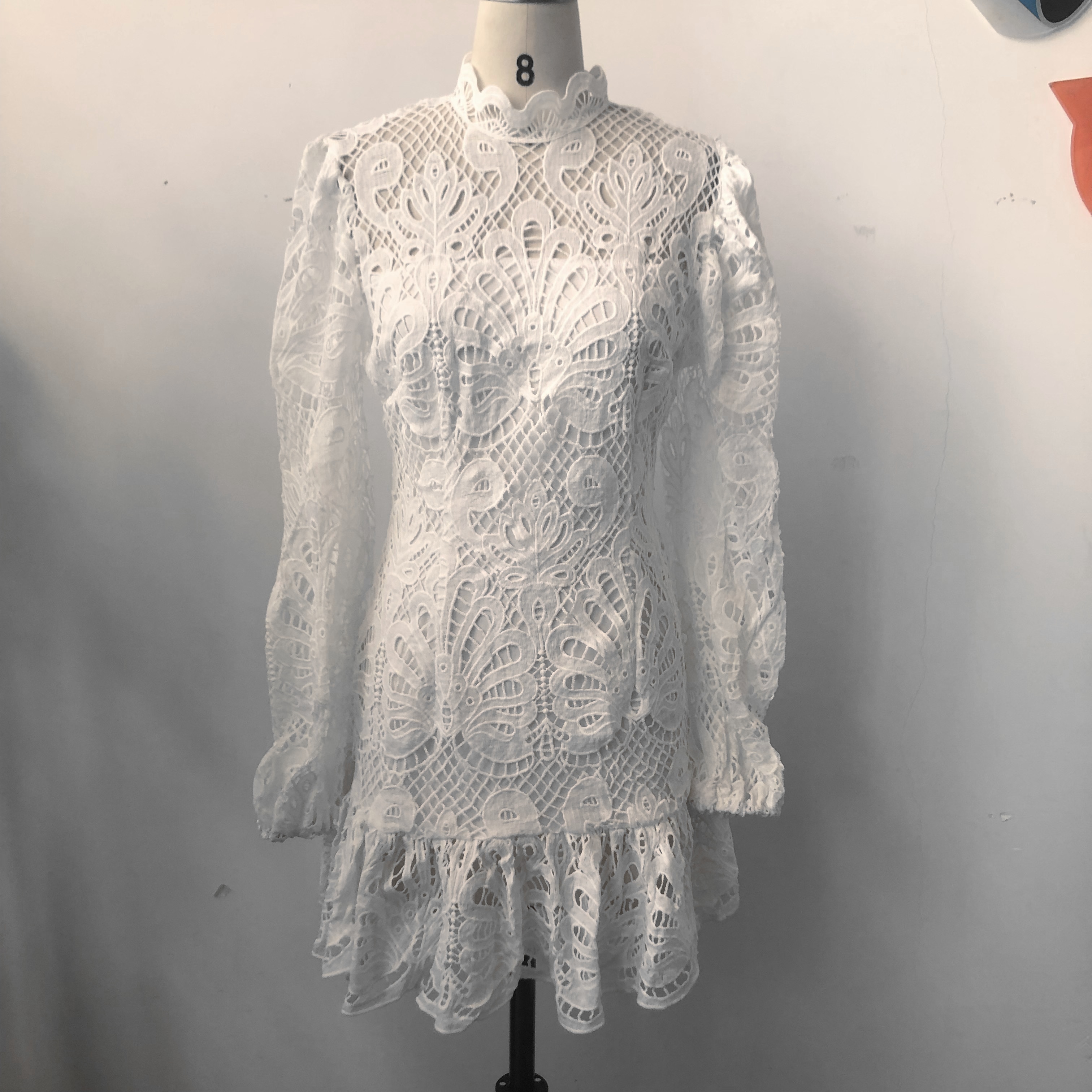 Women-Fashion-Dress-Solid-Color-Hollow-Out-Lace-Patchwork-Stand-Collar-Long-Sleeve-Spring-Autumn-Slim-3