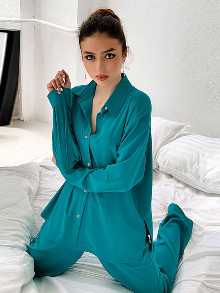 Women-Satin-Shirt-Two-Piece-Sets-Solid-Lace-Up-Blouse-Top-And-Loose-High-Waist-Pant-4