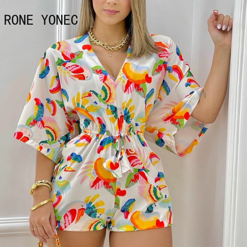 Women-Sexy-Casual-V-Neck-All-Over-Print-Short-Batwing-Sleeves-Lace-Up-Vacation-Rompers-1