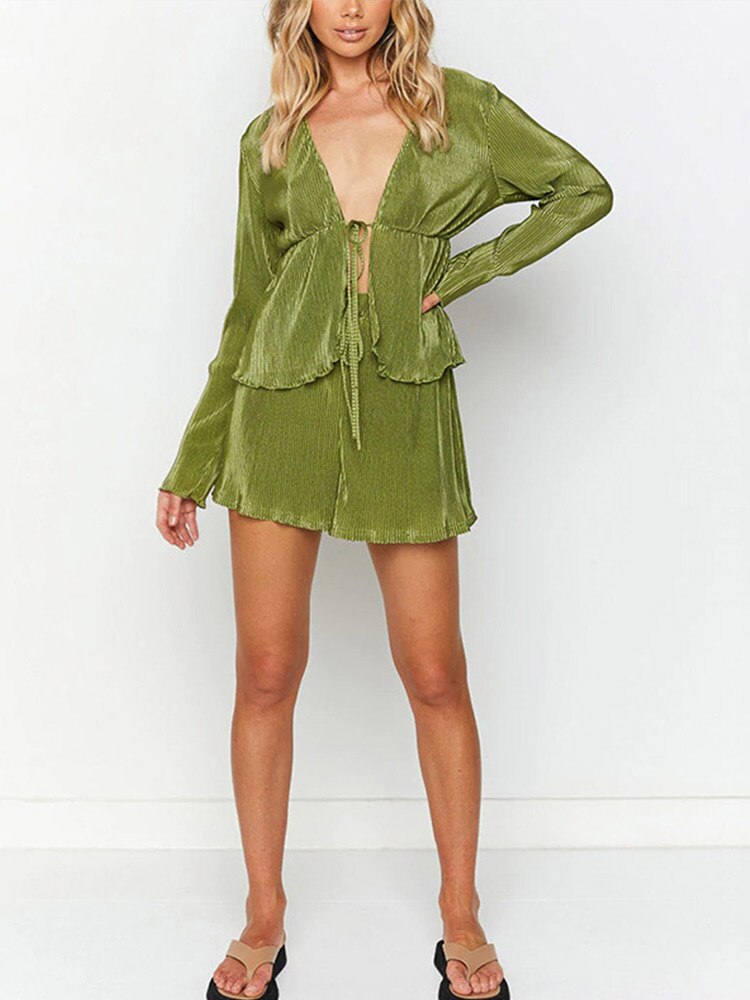 Women-Sexy-Pleated-2-Piece-Sets-Long-Sleeve-V-Neck-Blouse-Tops-And-Wide-Leg-Shorts-1