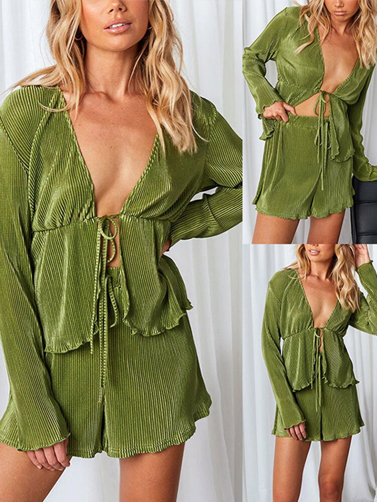Women-Sexy-Pleated-2-Piece-Sets-Long-Sleeve-V-Neck-Blouse-Tops-And-Wide-Leg-Shorts-5