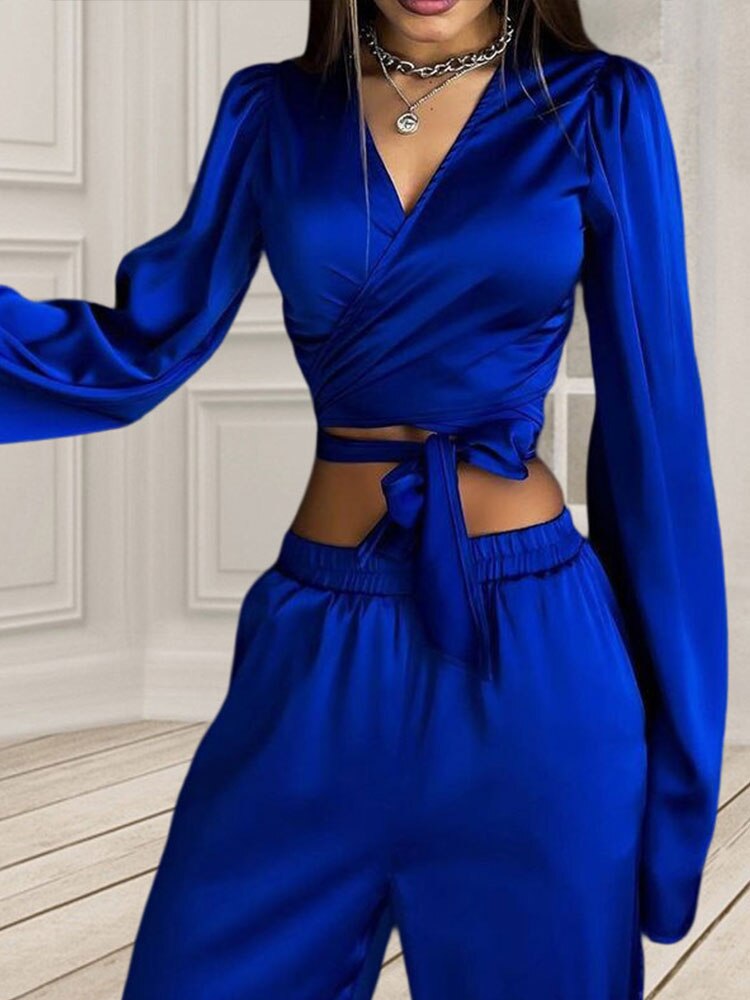 Women-Solid-Satin-Two-Piece-Set-Cross-Lace-Up-Cropped-Long-Sleeve-Tops-Wide-Leg-Pants-1
