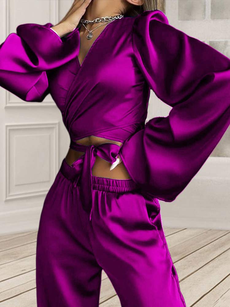 Women-Solid-Satin-Two-Piece-Set-Cross-Lace-Up-Cropped-Long-Sleeve-Tops-Wide-Leg-Pants-2