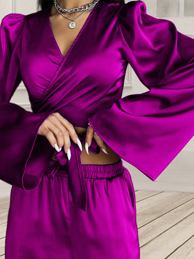 Women-Solid-Satin-Two-Piece-Set-Cross-Lace-Up-Cropped-Long-Sleeve-Tops-Wide-Leg-Pants-4