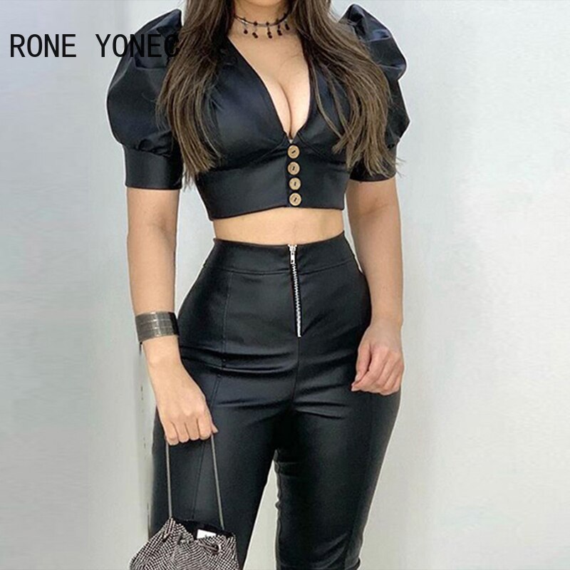 Women-Solid-Short-Puff-Sleeves-Casual-Crop-button-Bright-Line-Decoration-Skinny-Black-Pant-Sets-2