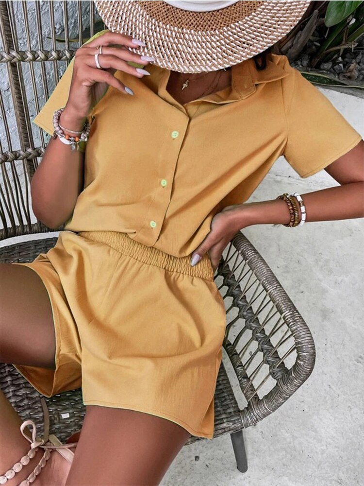 Women-Solid-Two-Piece-Set-Female-Lapel-Short-Sleeve-Shirts-Tops-And-Shorts-Suit-2022-Summer-4