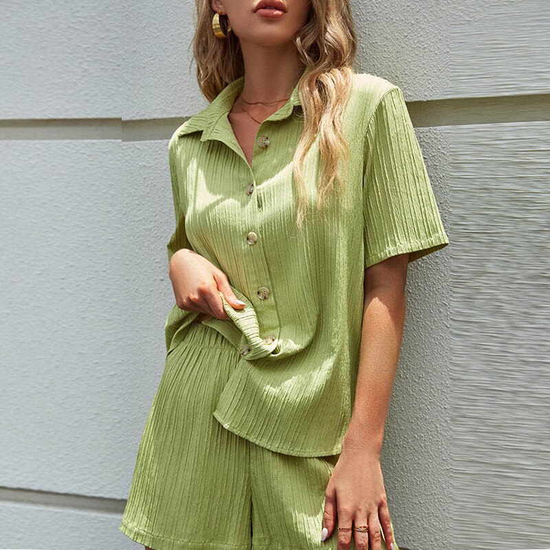 Women-Summer-Green-shorts-set-Lady-casual-trun-down-Collar-Blouse-top-and-short-pants-2-2