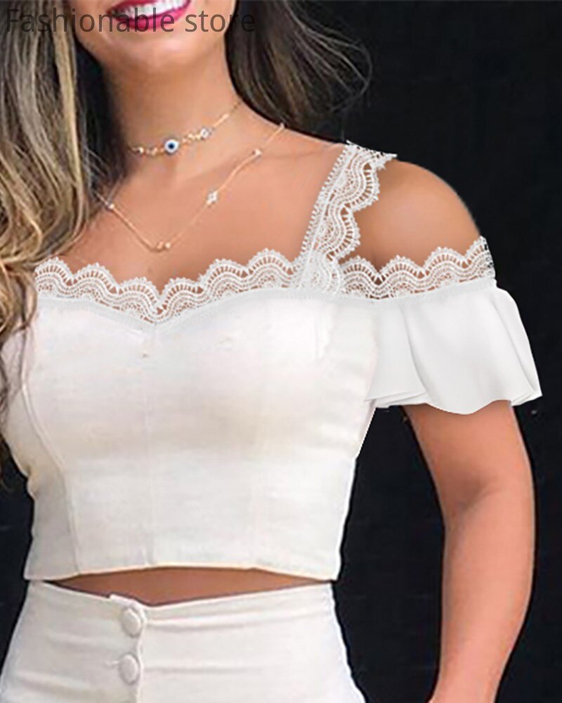 Women-Two-Piece-Set-Cold-Shoulder-Lace-Hem-Solid-Color-Top-High-Waist-Single-Breasted-Shorts-1