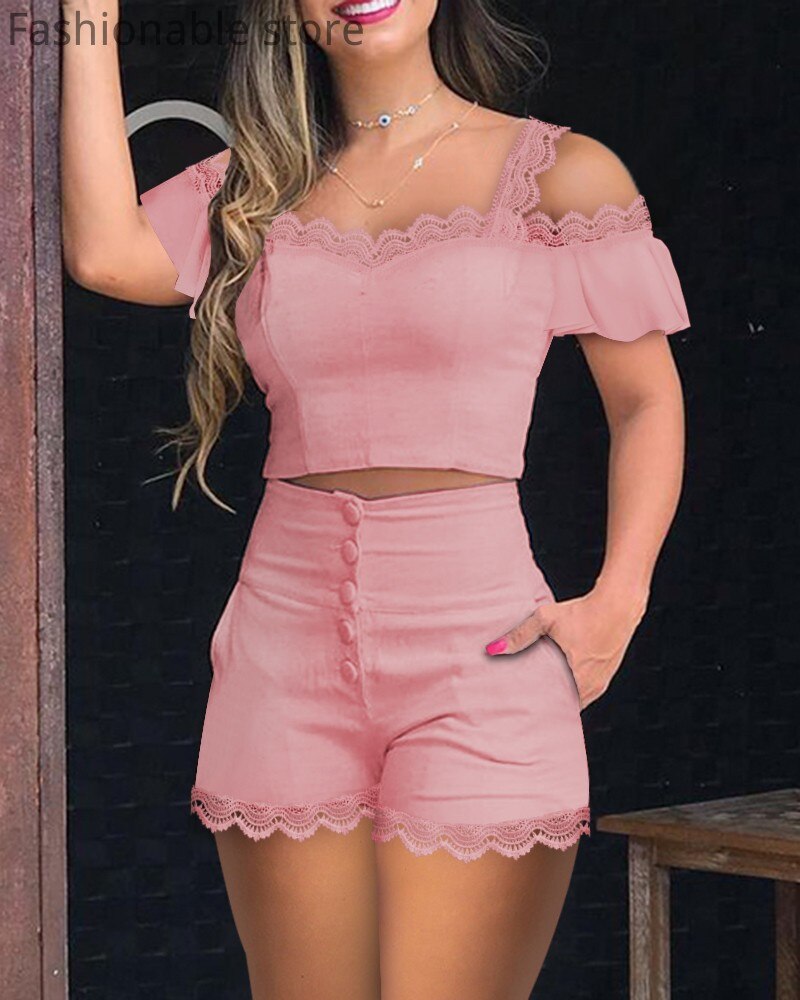 Women-Two-Piece-Set-Cold-Shoulder-Lace-Hem-Solid-Color-Top-High-Waist-Single-Breasted-Shorts-2