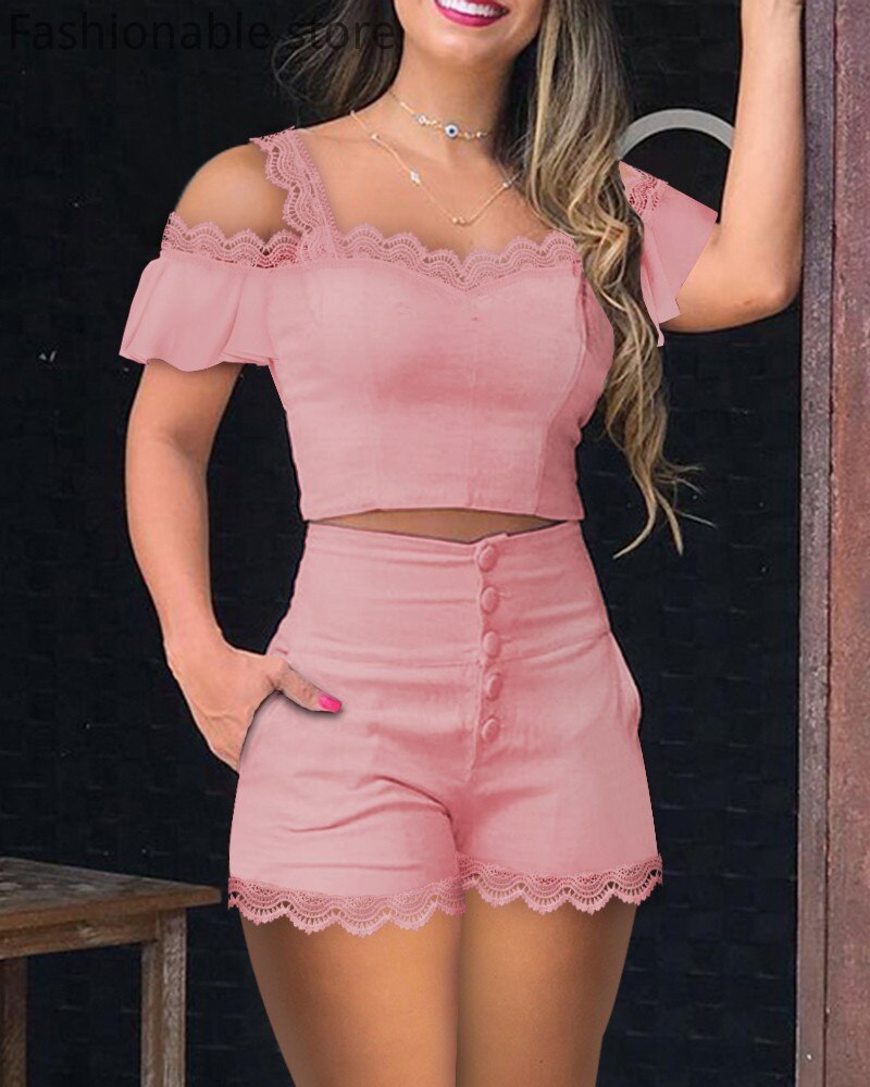 Women-Two-Piece-Set-Cold-Shoulder-Lace-Hem-Solid-Color-Top-High-Waist-Single-Breasted-Shorts-3