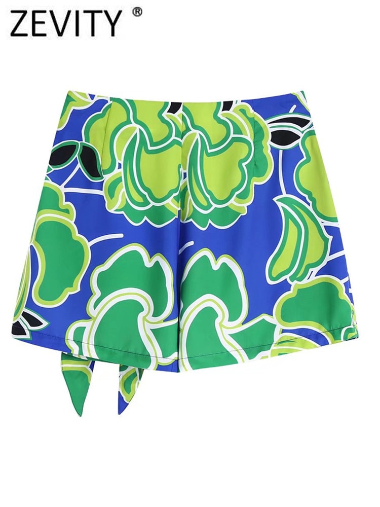 ZEVITY-Women-Fashion-Color-Match-Floral-Print-Knotted-Sarong-Shorts-Skirts-Female-Zipper-Hot-Shorts-Chic-1