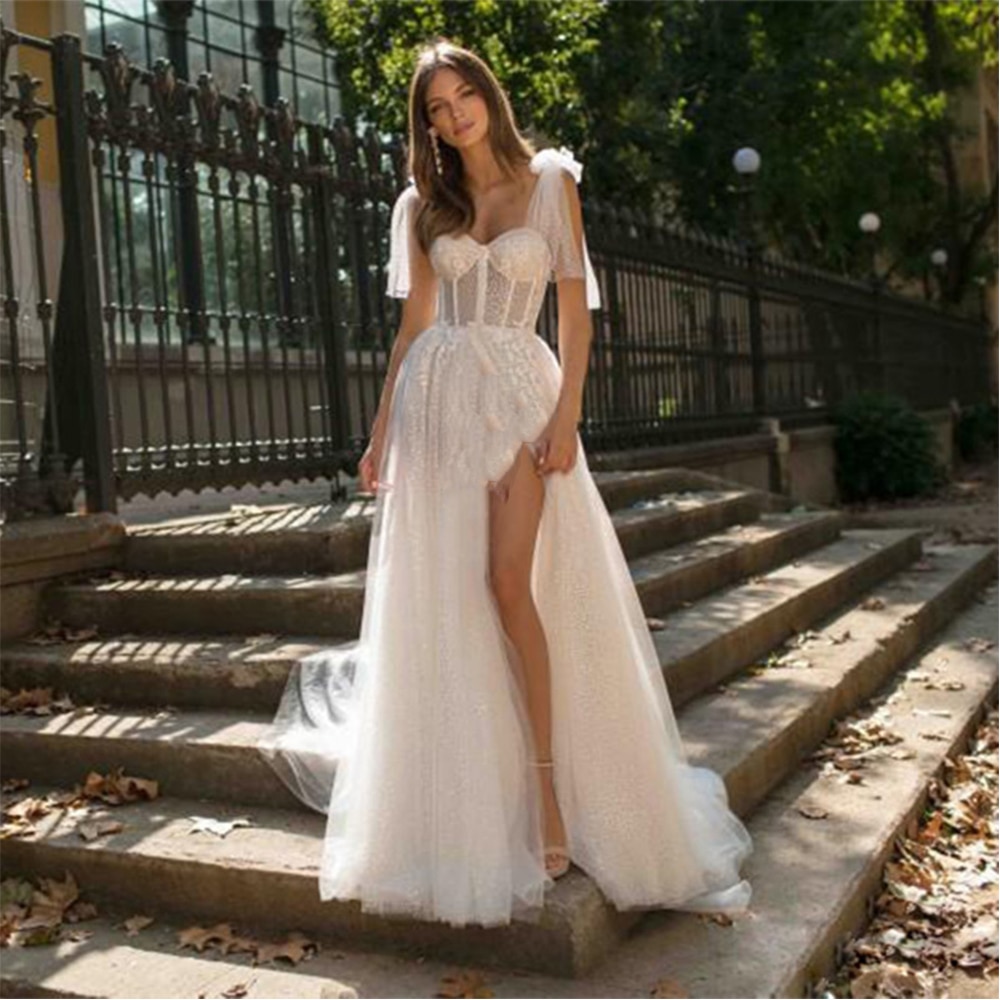 Shiny-Boho-Sweetheart-Wedding-Dresses-2022-High-Slit-Backless-Tulle-Bow-Straps-Beach-Bridal-Gowns-Sweep-2