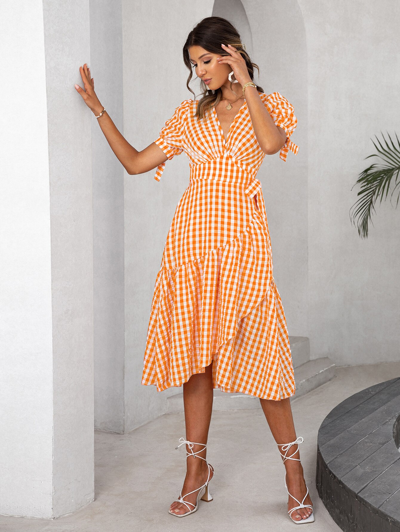 Simplee-Casual-puff-sleeves-plaid-summer-dress-women-V-neck-lace-up-ruffle-office-dresses-A-1