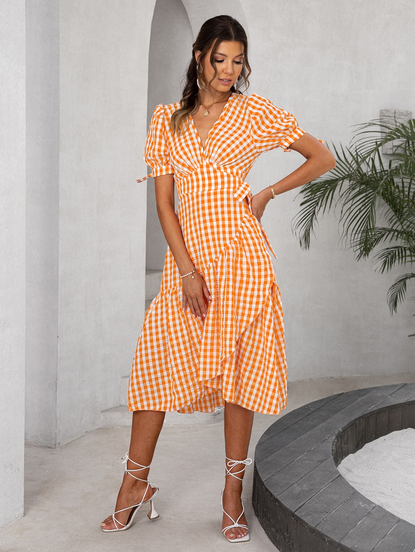 Simplee-Casual-puff-sleeves-plaid-summer-dress-women-V-neck-lace-up-ruffle-office-dresses-A-2