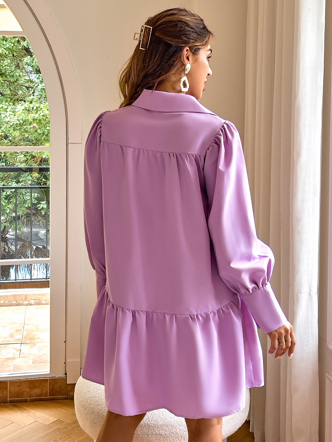 Simplee-Elegant-puff-sleeve-smock-mini-dress-women-Casual-ruffle-button-loose-shirt-dresses-Purple-lapel-5