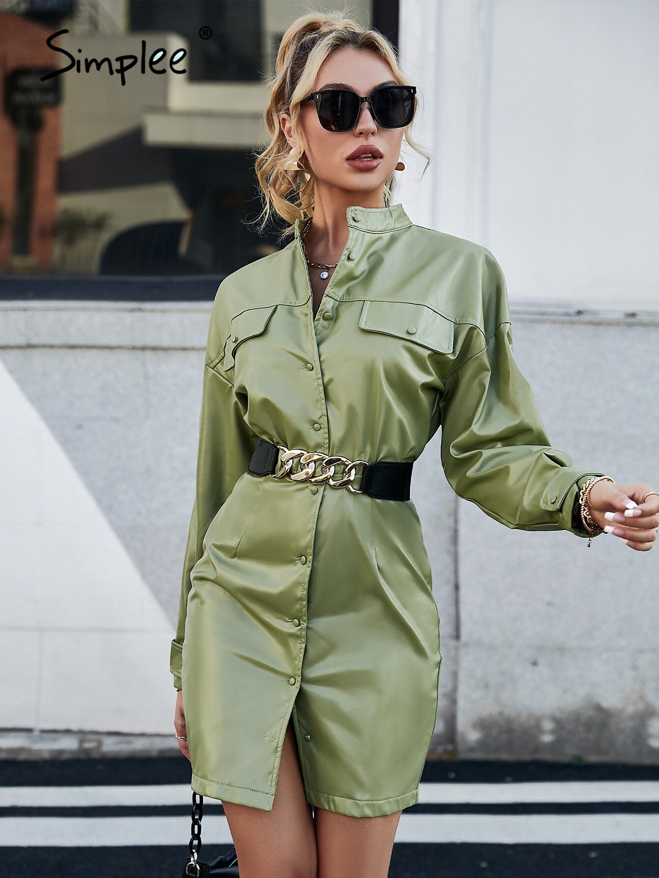 Simplee-Office-button-pocket-A-line-women-dress-green-High-street-pu-leather-bat-sleeve-mini-1