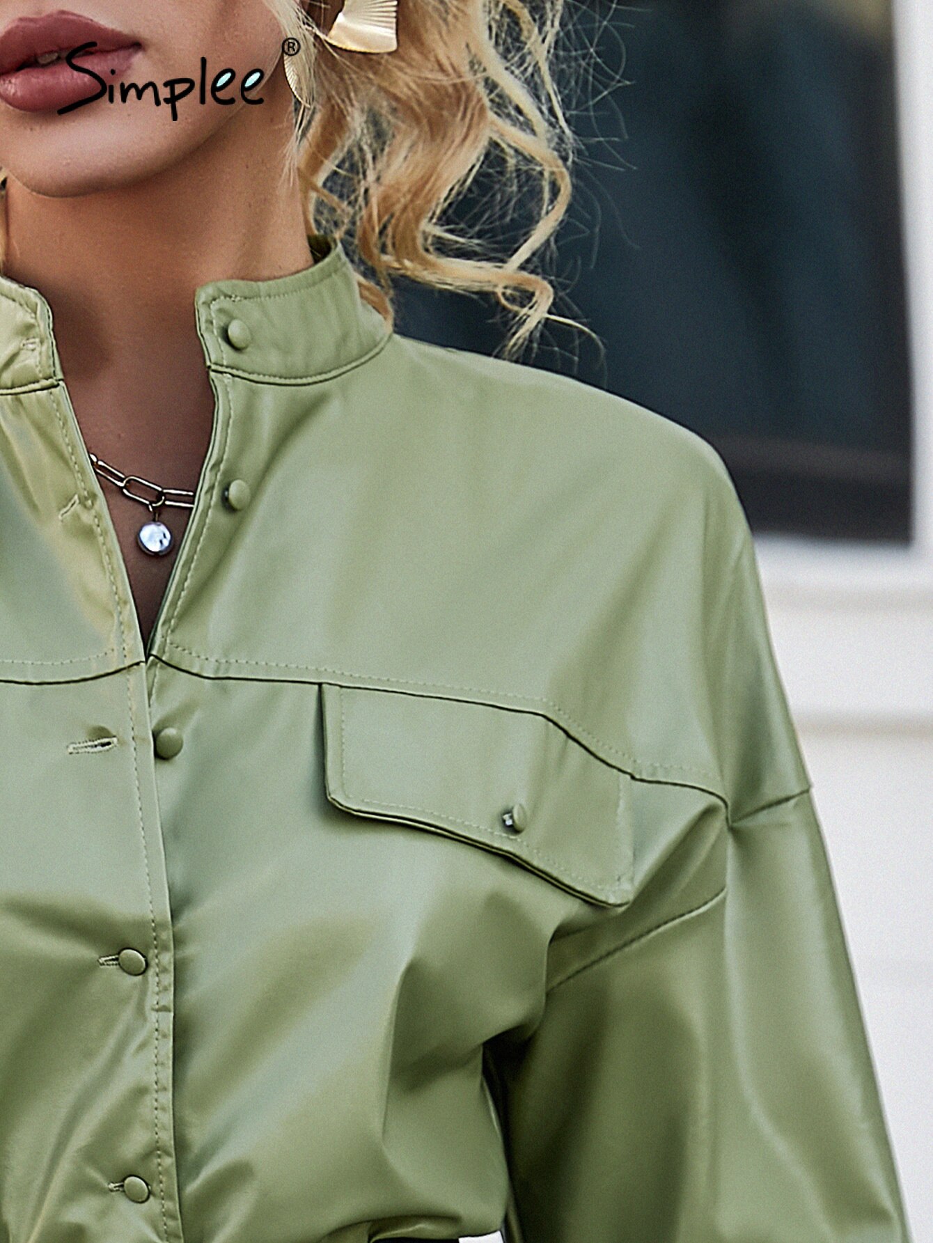 Simplee-Office-button-pocket-A-line-women-dress-green-High-street-pu-leather-bat-sleeve-mini-5