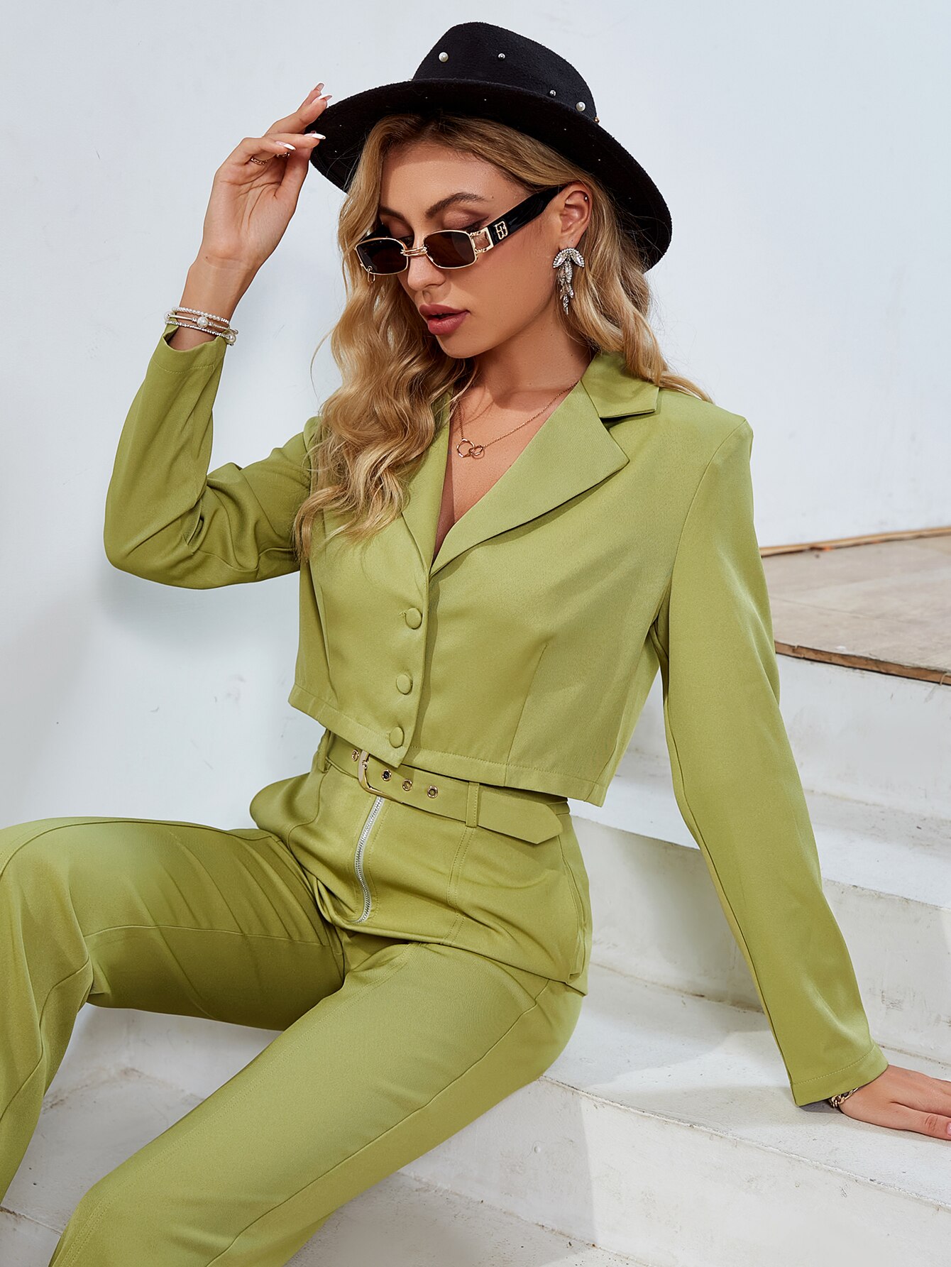 Simplee-Office-v-neck-long-sleeves-crop-top-pant-set-Notched-button-belt-high-waist-pants-2