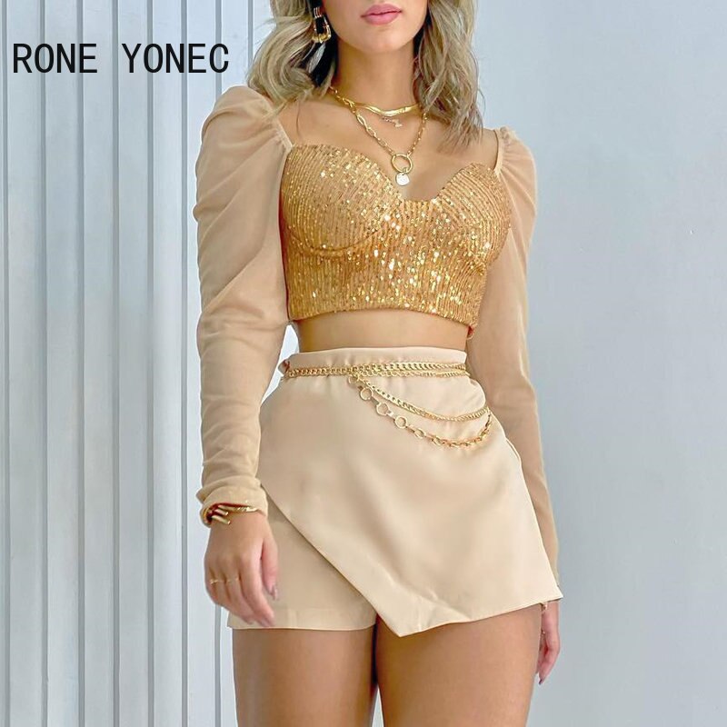 Women-Chic-Long-Sleeves-Short-Tops-Sequins-Patchwork-Mesh-Chain-Decoration-Bodycon-Mini-Sexy-Skirt-short-1