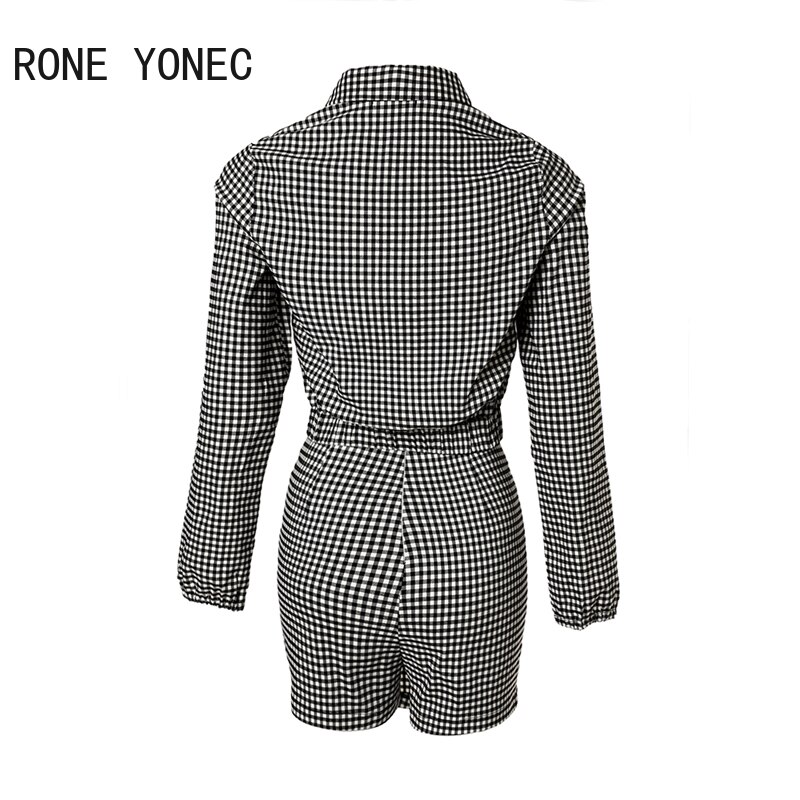 Women-Elegant-Plaid-Pattern-Turn-Down-Collar-Long-Sleeves-Pocket-Design-Skirt-Short-Set-4