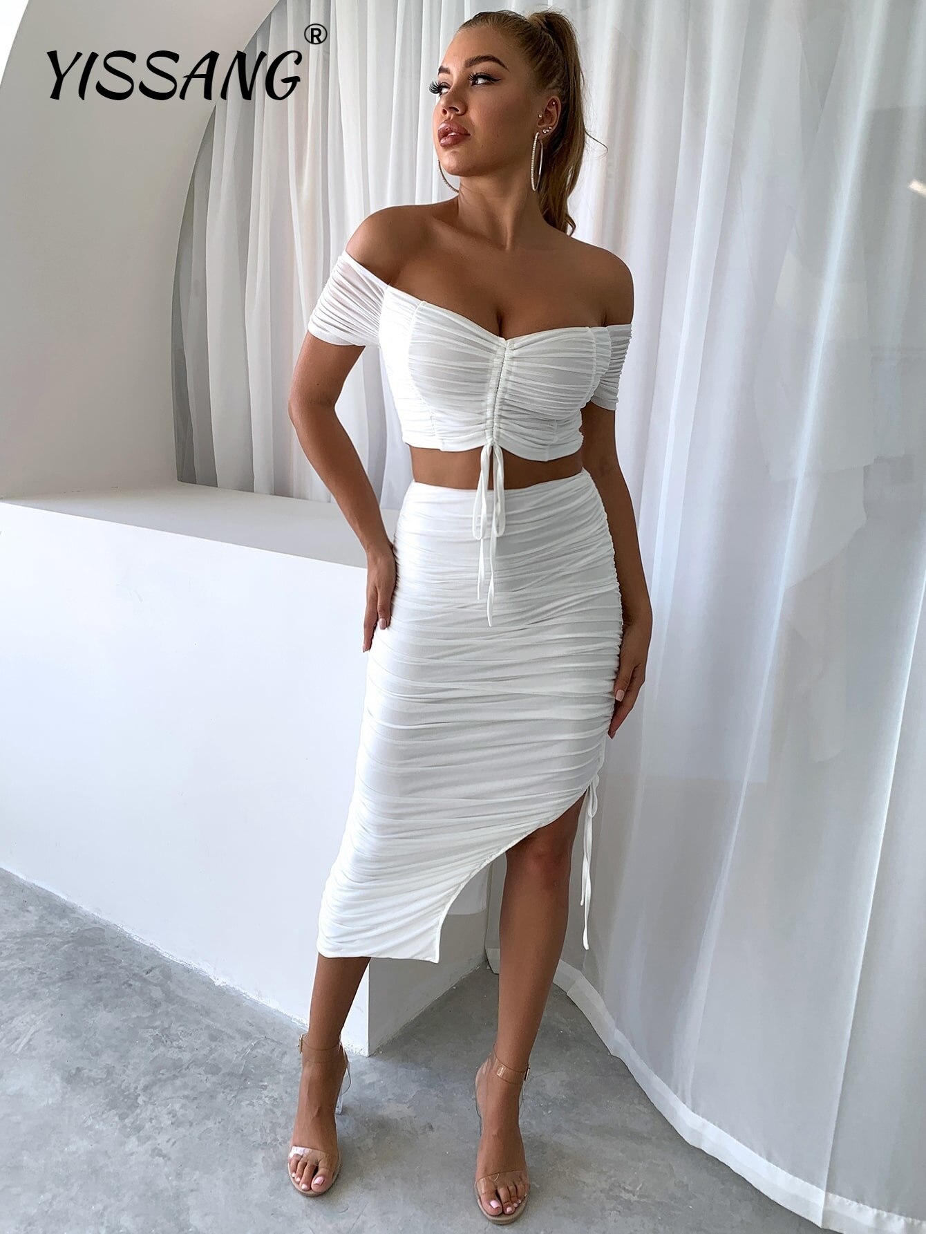 Yissang-Off-The-Shoulder-Drawstring-Detail-Top-Split-Thigh-Ruched-Skirt-10