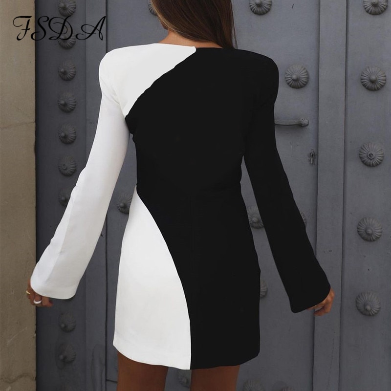 FSDA-Patchwork-Elegant-Dress-Women-Long-Sleeve-Autumn-Winter-Mini-Black-White-O-Neck-2021-Sexy-3