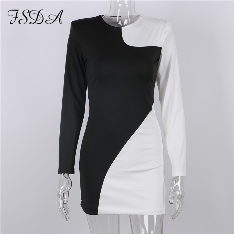 FSDA-Patchwork-Elegant-Dress-Women-Long-Sleeve-Autumn-Winter-Mini-Black-White-O-Neck-2021-Sexy-4