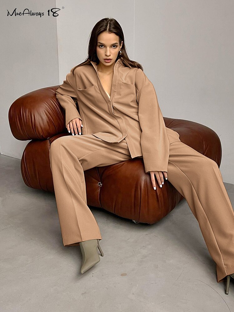Mnealways18-Autumn-Winter-Brown-2-Piece-Sets-Womens-Outfits-Office-Wear-Pocket-Shirt-And-Pleated-Trousers-1