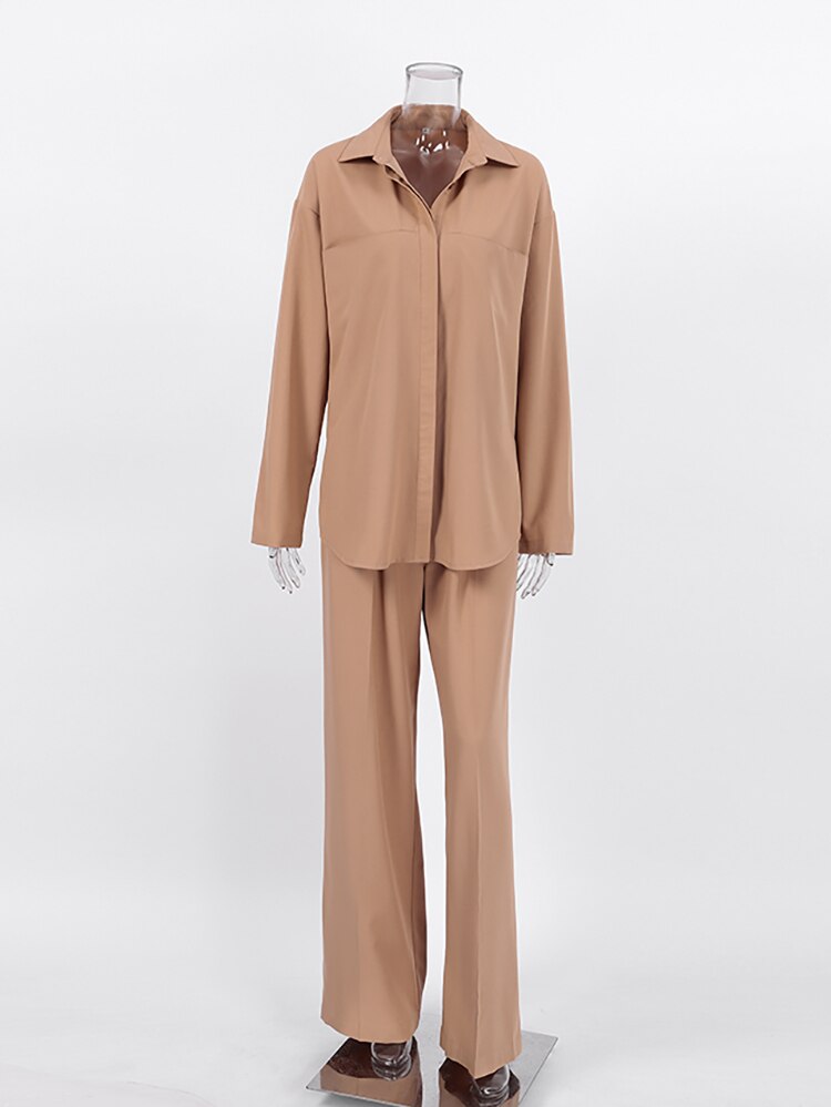 Mnealways18-Autumn-Winter-Brown-2-Piece-Sets-Womens-Outfits-Office-Wear-Pocket-Shirt-And-Pleated-Trousers-2