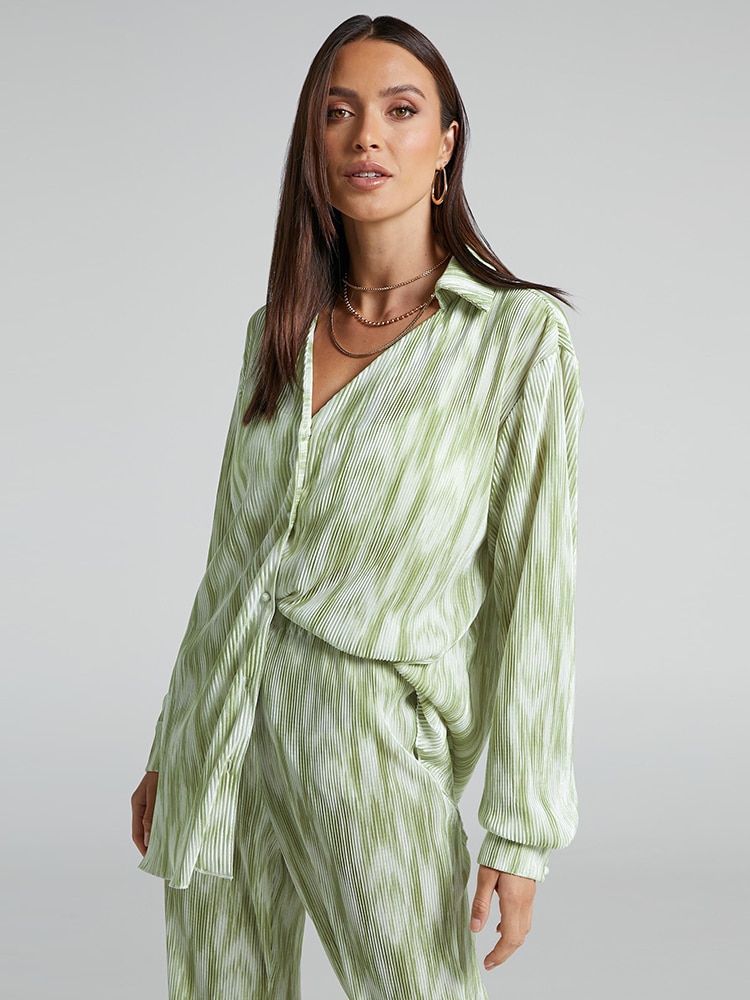 Mnealways18-Spring-2023-Print-Shirt-And-Pants-Suit-Elegant-Green-2-Piece-Set-Women-Pleated-Oversized-1