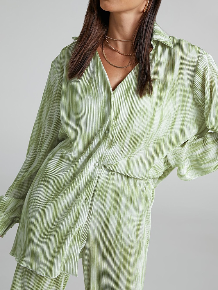 Mnealways18-Spring-2023-Print-Shirt-And-Pants-Suit-Elegant-Green-2-Piece-Set-Women-Pleated-Oversized-3