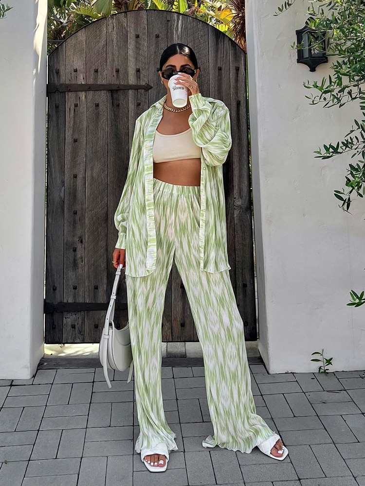 Mnealways18-Spring-2023-Print-Shirt-And-Pants-Suit-Elegant-Green-2-Piece-Set-Women-Pleated-Oversized-5