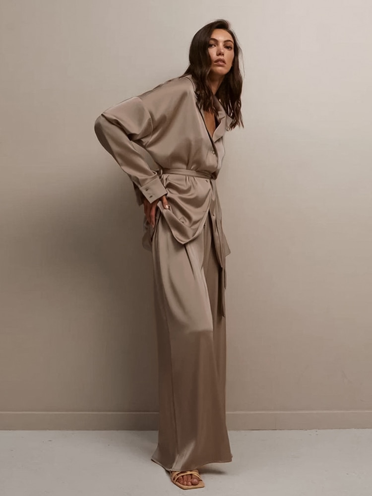 Mnealways18-Vintage-Brown-Satin-Two-Piece-Set-Women-Sashes-Long-Shirt-And-Pants-Casual-Female-Suit-1