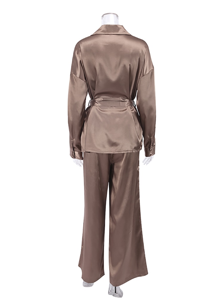 Mnealways18-Vintage-Brown-Satin-Two-Piece-Set-Women-Sashes-Long-Shirt-And-Pants-Casual-Female-Suit-5
