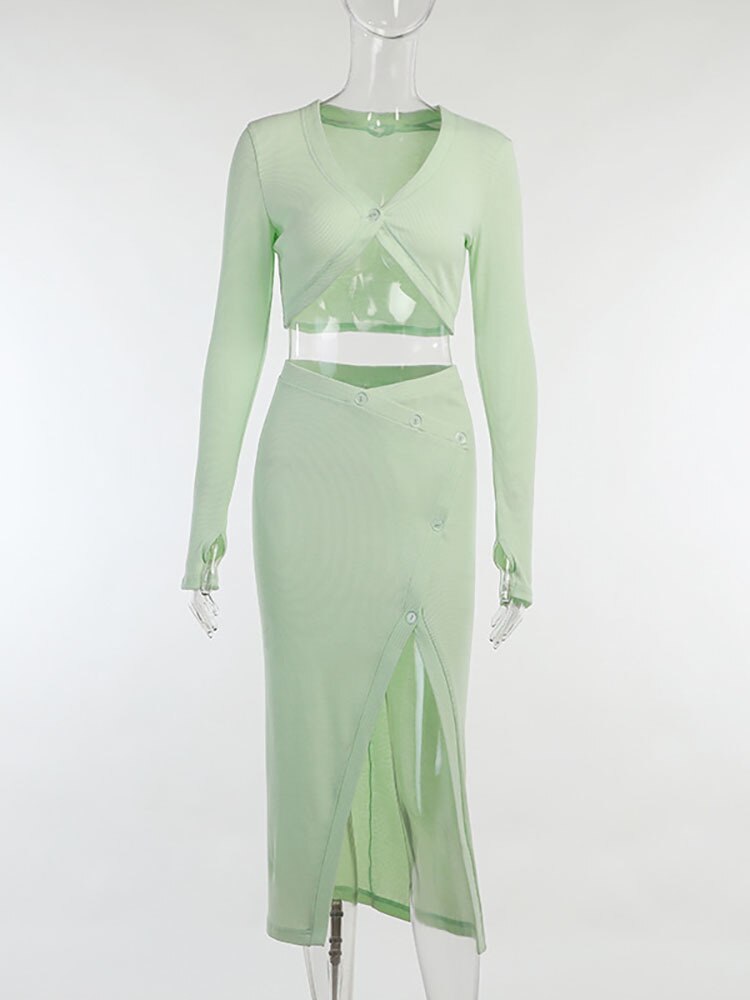 Fantoye-Cotton-V-neck-Two-Piece-Sets-Women-Green-Long-Sleeve-Top-High-Split-Button-Skirt-5