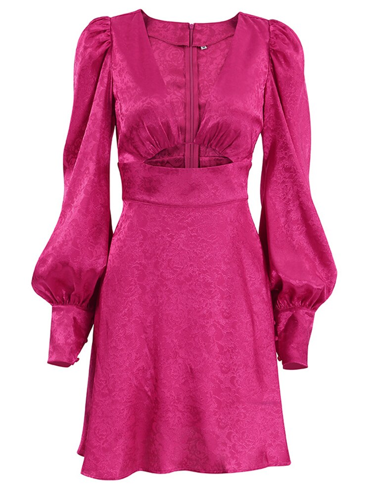 Foridol-Lantern-Sleeve-Button-V-Neck-Sexy-Cut-Out-Spring-Summer-Rose-Red-Short-Satin-Dress-4