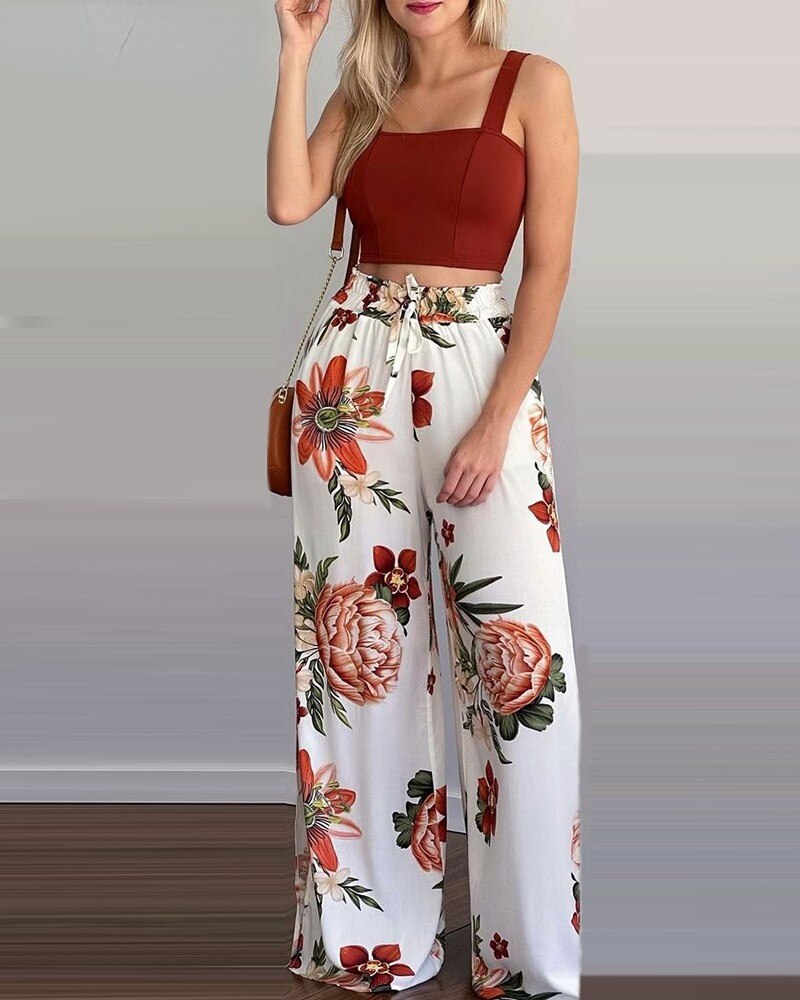 Ladies-Casual-Suit-Ladies-Solid-Color-Camisole-Top-and-Floral-Print-High-Waist-Drawstring-Wide-Leg-1