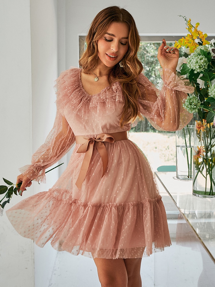 Simplee-2022-Winter-women-lace-dress-Elegant-lantern-long-sleeves-dot-sweet-lady-mini-pink-dresses-4