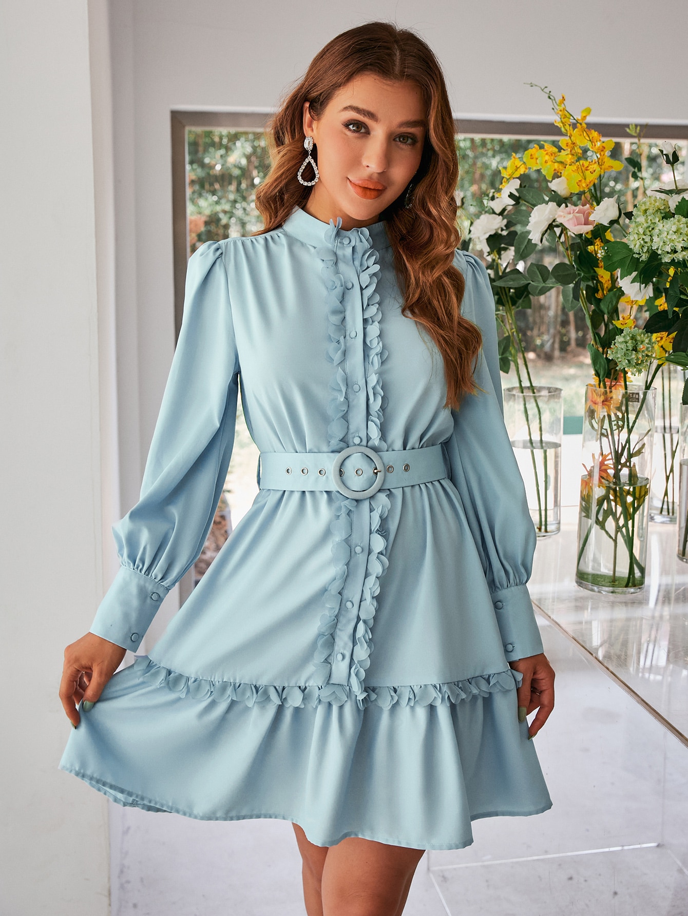 Simplee-Autumn-ruffle-belt-blue-elegant-women-dress-Frills-puff-sleeve-buttons-office-dresses-Wedding-guest-1