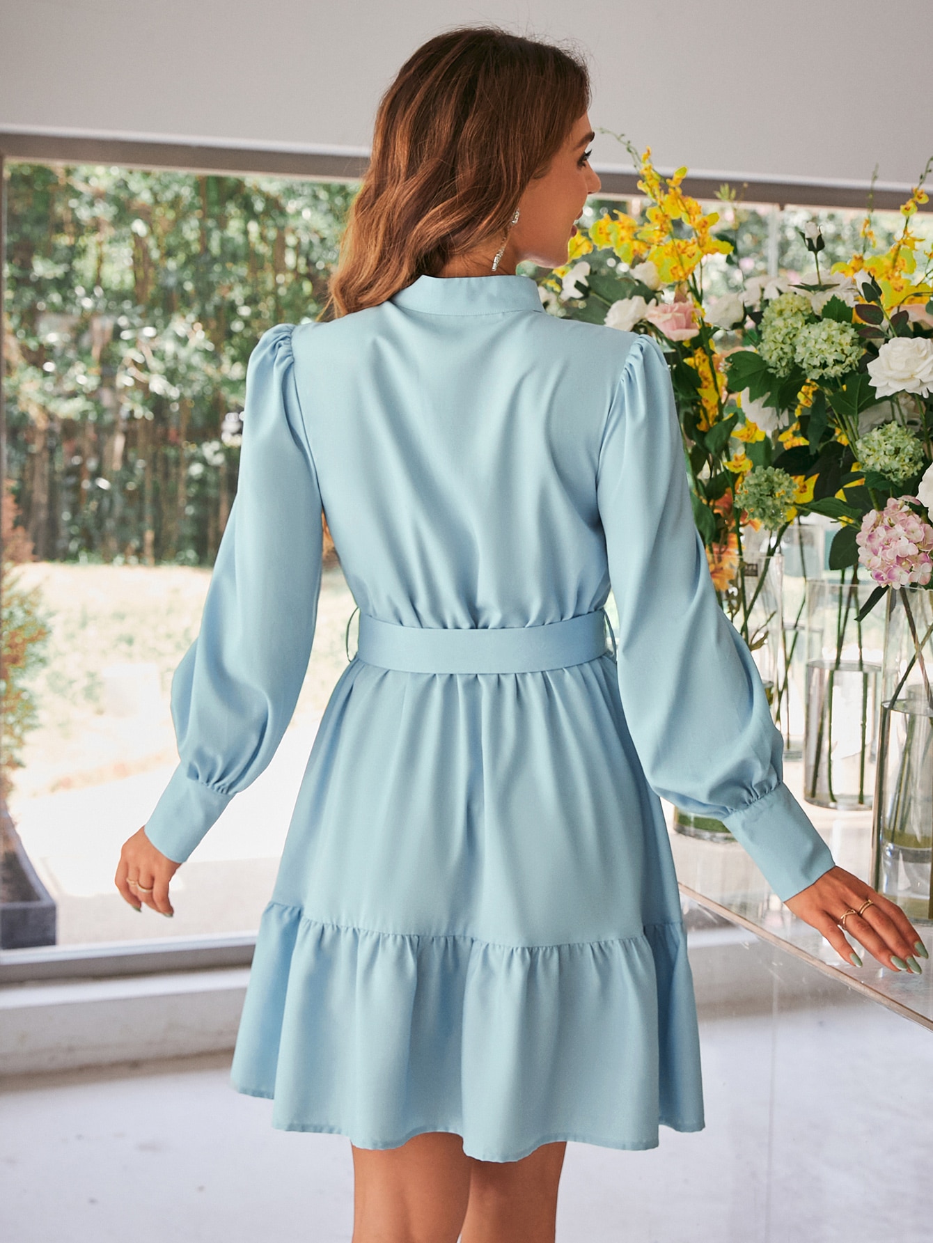 Simplee-Autumn-ruffle-belt-blue-elegant-women-dress-Frills-puff-sleeve-buttons-office-dresses-Wedding-guest-5