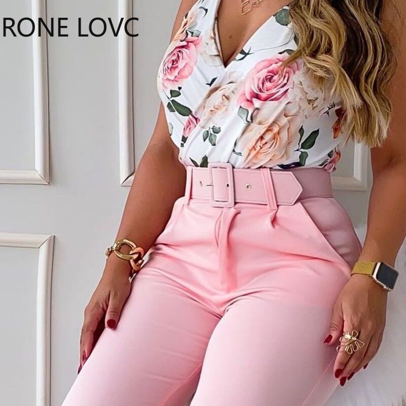 Women-Casual-Cami-Sleeveless-Floral-Pattern-Tops-Pencil-Pants-Sashes-Working-Pants-Sets-2