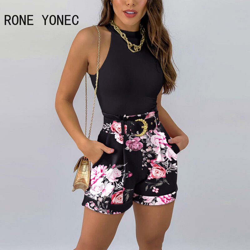 Women-Casual-Halter-All-Over-Print-Bottom-Solid-Top-Sleeveless-with-Belt-Summer-Bodycon-Short-Sets-1